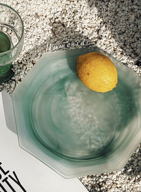 Homeside湖绿色云雾盘ins玻璃八角盘艺术餐盘雾纹西餐沙拉水果盘