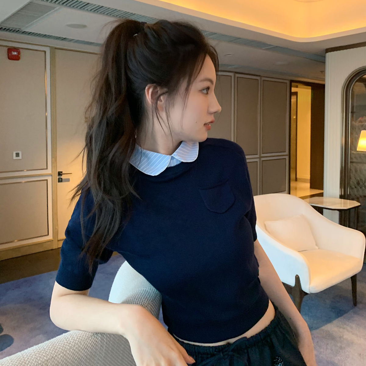 【王点点】鞠婧祎同款甜美娃娃领短袖假两件针织衫女百搭修身上衣