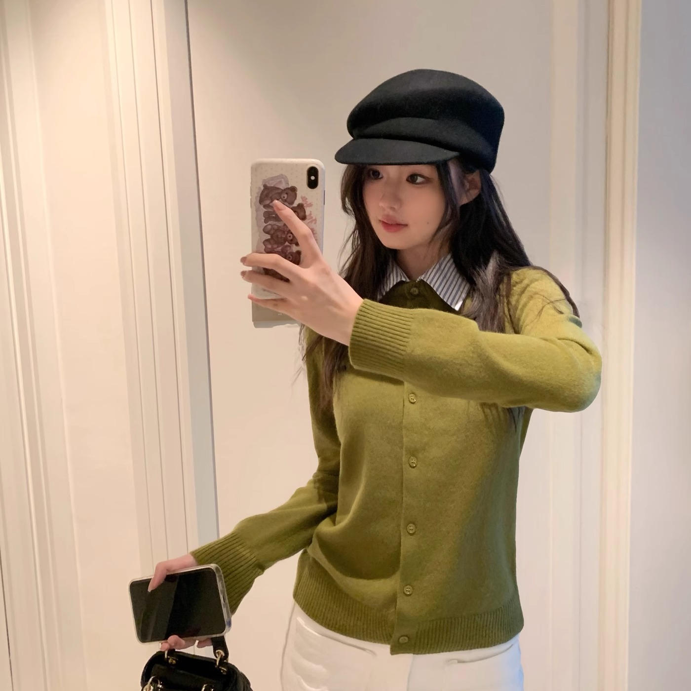 【王点点】高知m1u系100美丽诺羊毛针织开衫可拆条纹领秋冬上衣女