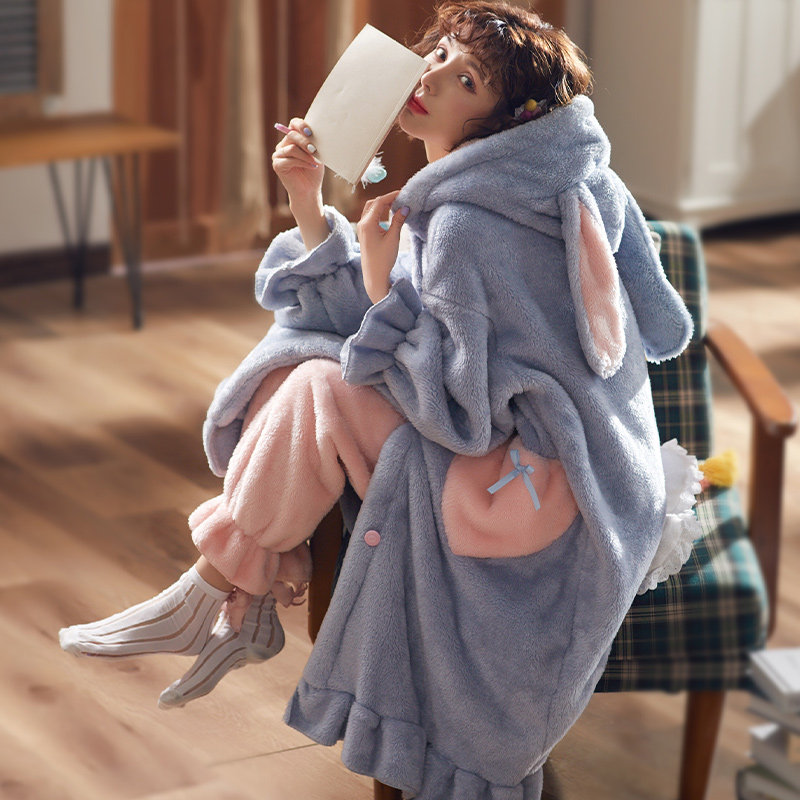 秋冬季睡衣套装女珊瑚绒加绒加厚毛茸茸可爱长款睡袍法兰绒家居服