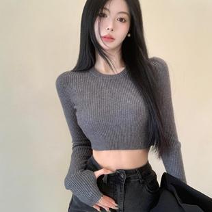 新款 大码 女春季 百搭圆领短款 胖妹妹外穿显瘦T恤打底上衣 针织衫