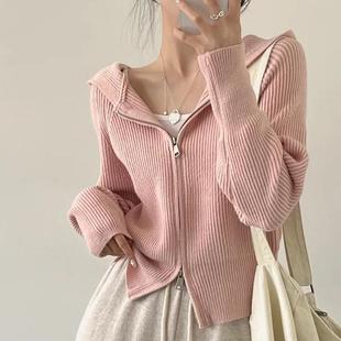 大码 韩系ins拉链设计感小众翻领毛衣女 秋冬季 慵懒风连帽针织开衫