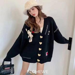 2024秋冬季大码胖妹妹设计感可爱兔子爱心明线撞色针织衫毛衣外套
