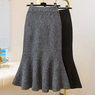 大码复古毛呢A版半身裙女秋冬季胖妹妹韩系极简压褶显瘦中长裙子