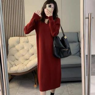 大码 过膝气质针织连衣裙 设计感镂空V领毛衣裙女秋冬季 胖mm长款