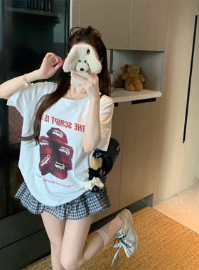 正肩复古帽子印花短袖宽松t恤女