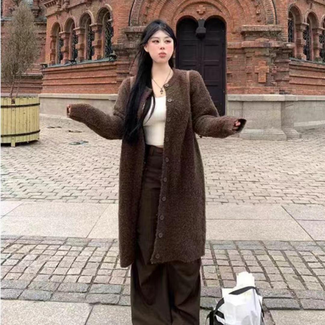 大码过膝长款毛衣开衫外套女秋冬胖妹妹慵懒风针织开衫高级感大衣