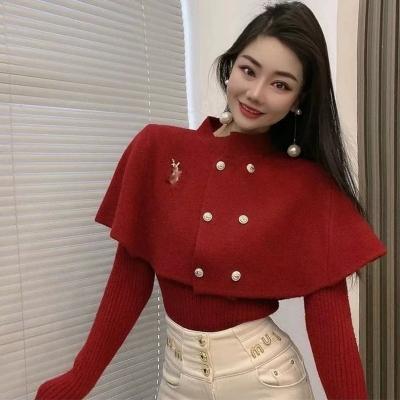 大码气质双排扣斗篷毛衣两件套女秋冬胖妹妹百搭显瘦带胸针针织衫