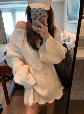 花边镂空中长款套头毛衣女