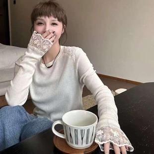 口拼蕾丝假两件羊毛针织打底衫 2024秋冬季 胖妹妹设计感袖 新款 大码