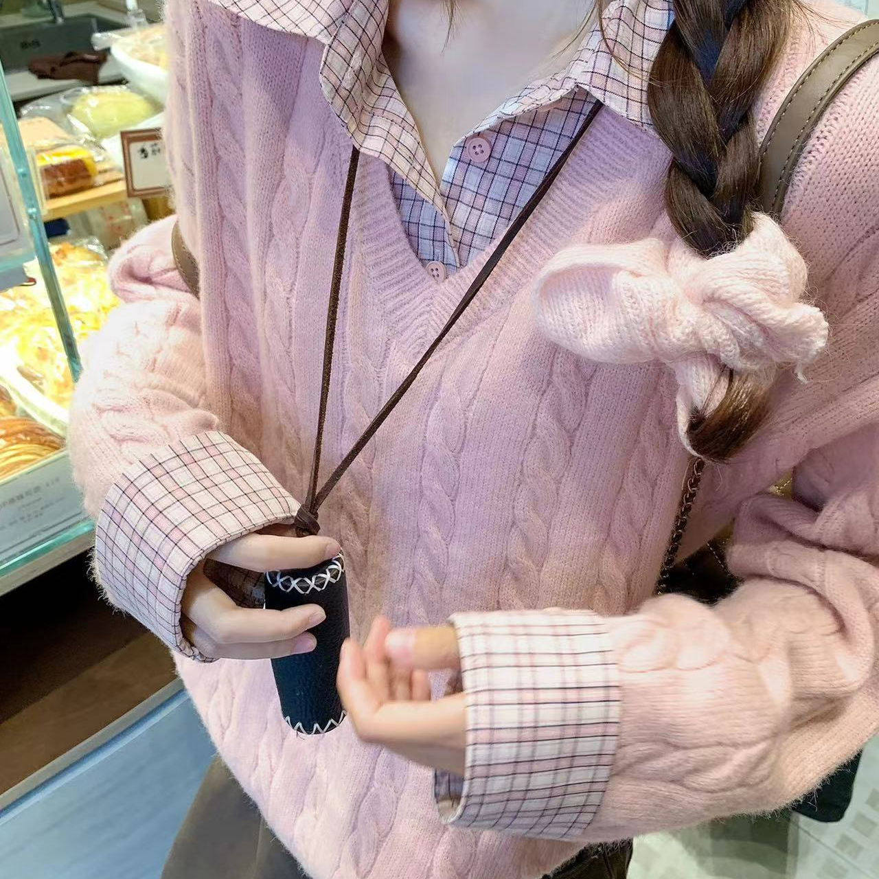 大码韩系麻花粉色假两件毛衣女秋冬胖妹妹衬衫拼接内搭针织衫上衣