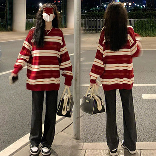 胖妹妹宽松套头针织衫 大码 新款 圣诞红色新年款 条纹毛衣女秋冬季