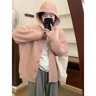 胖妹妹外穿大帽子针织衫 大码 新款 连帽慵懒风毛衣外套开衫 女秋冬季