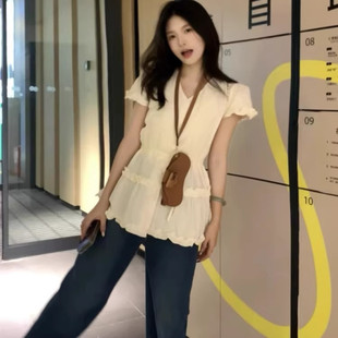 显瘦短袖 大码 胖妹妹甜美修身 韩系温柔木耳边飞飞袖 衬衣 上衣女夏季