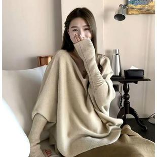 大码 软糯蝙蝠袖 毛衣女秋冬季 胖mm不规则一字肩复古慵懒风针织衫