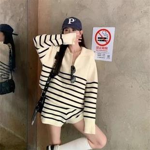 两件套 大码 条纹套装 女秋冬季 胖妹妹设计感宽松拼色POLO领毛衣短裤