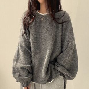 大码宽松慵懒圆领毛衣女秋冬季胖妹妹套头中长款下摆开叉厚针织衫