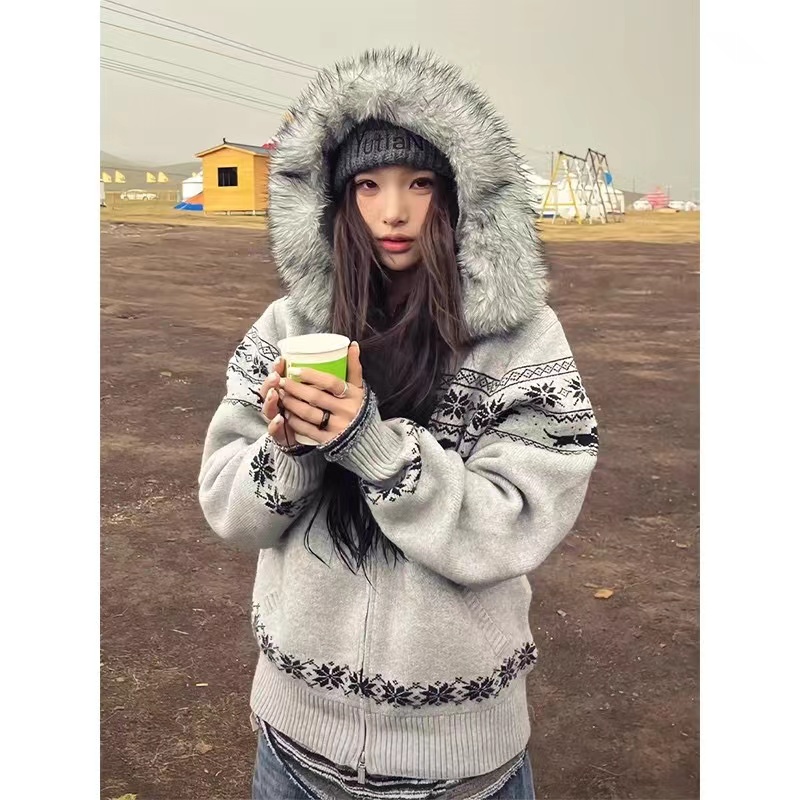 大码美式复古毛衣外套女秋冬季