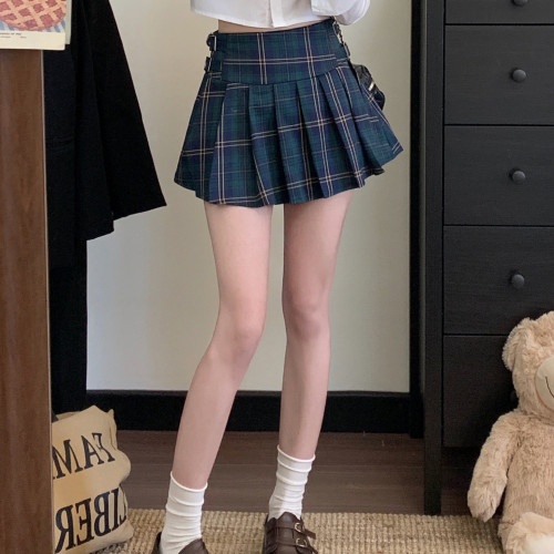 大码美式复古格子百褶裙女夏季胖妹妹高腰显瘦学院风包臀半身裙子