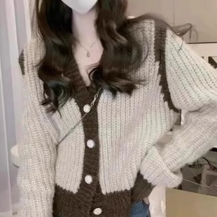 短款 大码 胖妹妹慵懒风长袖 针织开衫 上衣 外套V领小个子毛衣秋冬季