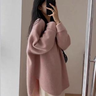 大码 浣熊绒套头毛衣女秋冬季 胖妹妹外穿中长款 慵懒复古开叉针织衫