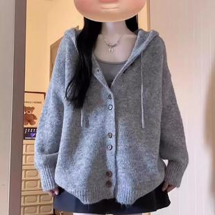 上衣 大码 灰色连帽毛衣开衫 外套秋冬季 胖妹妹穿搭软糯慵懒风针织衫