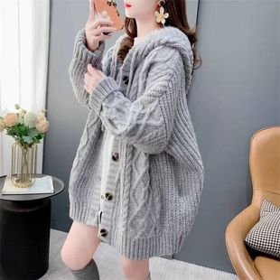 大码慵懒风复古加厚连帽毛衣开衫女秋冬季胖妹妹中长款针织外套女