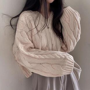 大码女秋冬季2024年新款胖MM复古麻花粗针毛衣套头短款长袖针织衫