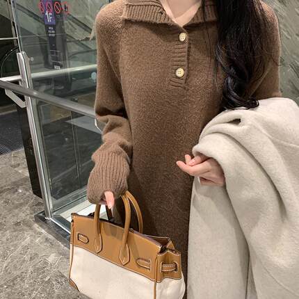 大码法式针织连衣裙女秋冬季新款胖妹妹高级感宽松长款过膝毛衣裙
