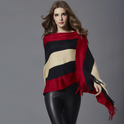 欧美条纹圆领流苏长款披肩上衣