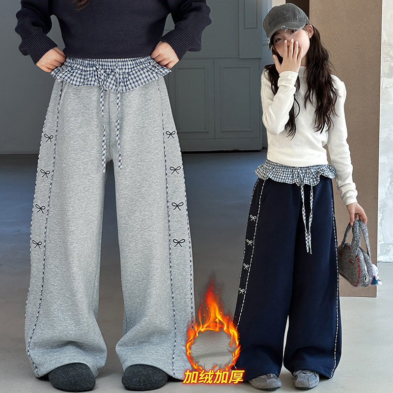 女童冬装加绒长裤2025新款中大童女孩一体绒加厚阔腿裤韩版休闲裤
