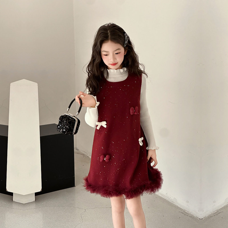 女童连衣裙套装秋冬装2025新款洋气儿童背心裙女孩红色裙子新年服