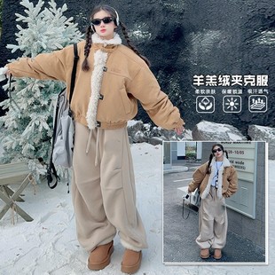 女童冬季套装2026新款中大童韩版鹿皮绒羊羔毛外套加绒卫裤两件套