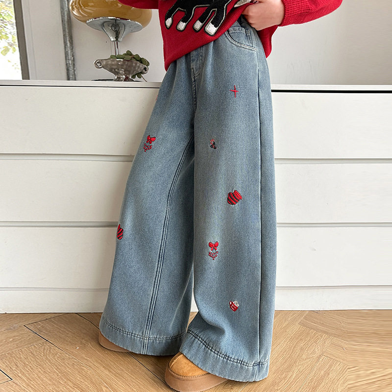 女童加绒裤子冬季新款中大童宽松韩版一体绒时尚洋气高端阔腿裤潮