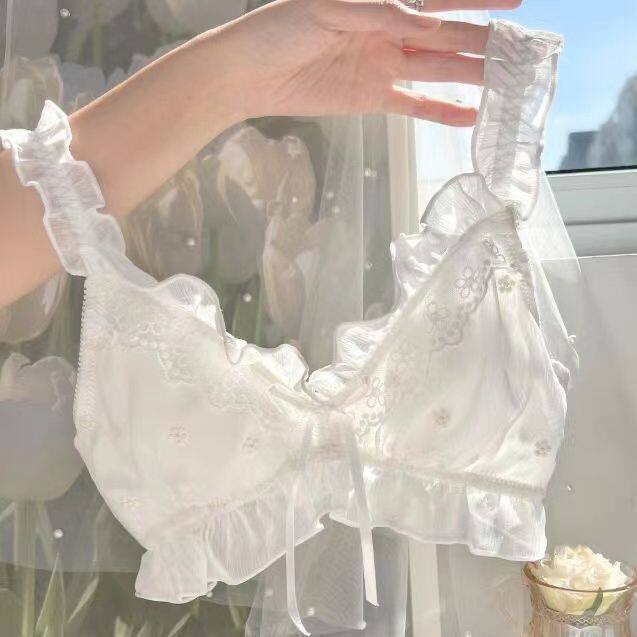无钢圈法式蕾丝少女薄款不空杯聚拢内衣美背防下垂甜美文胸罩上衣