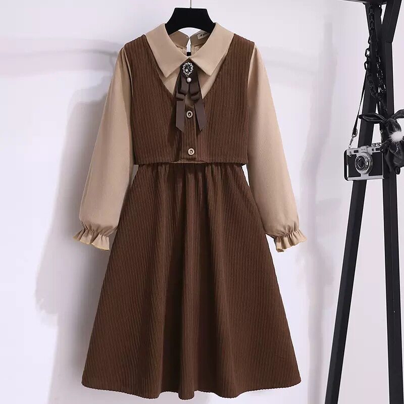 女童学院风连衣裙秋季新款中大童翻领假两件衬衫裙长袖复古公主裙