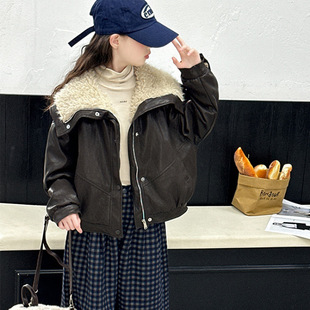 女童冬季加绒皮衣外套2025新款洋气毛领保暖防风女大童宽松皮夹克