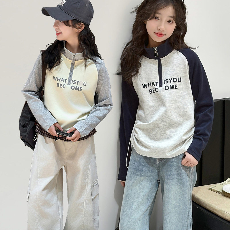 女童长袖t恤2026春装新款儿童中大童撞色上衣纯棉内搭儿童打底衫T