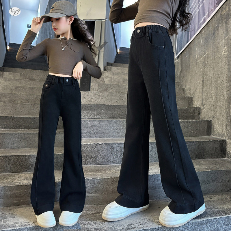 女童喇叭裤2026秋装儿童弹力微喇裤中大童黑色休闲牛仔裤阔腿裤潮