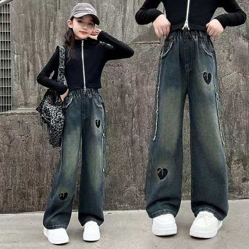 女童春秋新款高腰阔腿牛仔裤