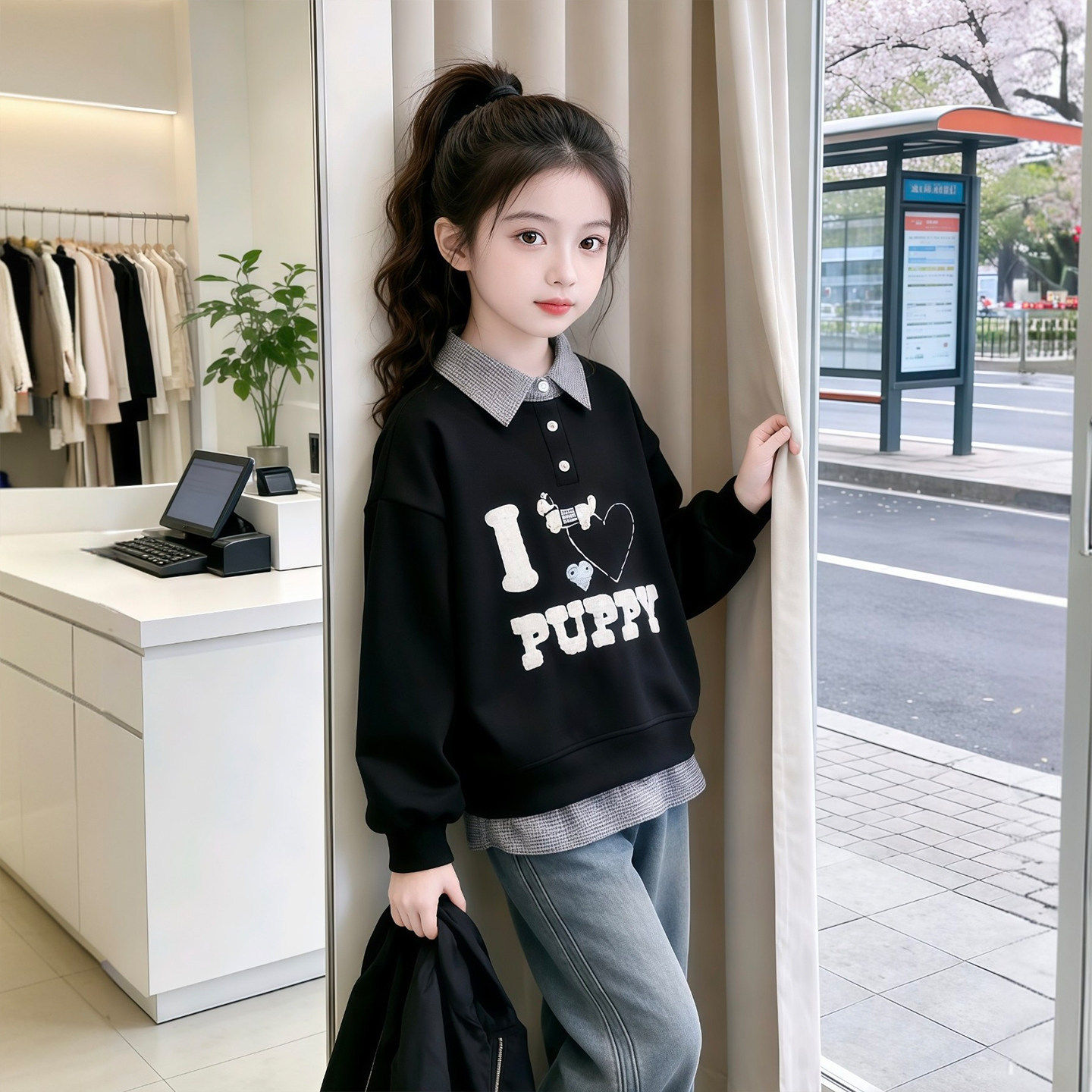 女童卫衣春秋款洋气儿童春装休闲打底衫假两件中大童学院风上衣