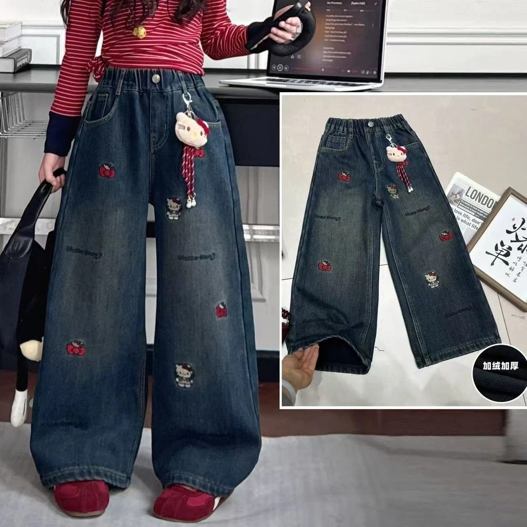 女童裤子秋冬KT猫新款女大童牛仔裤加绒初中生直筒长裤冬季阔腿裤