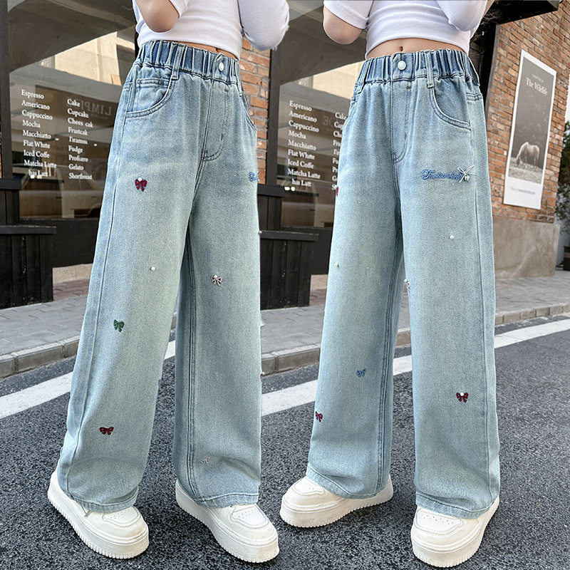 女童裤子春秋款2026新款女大童浅色绣花阔腿裤儿童韩版宽松牛仔裤