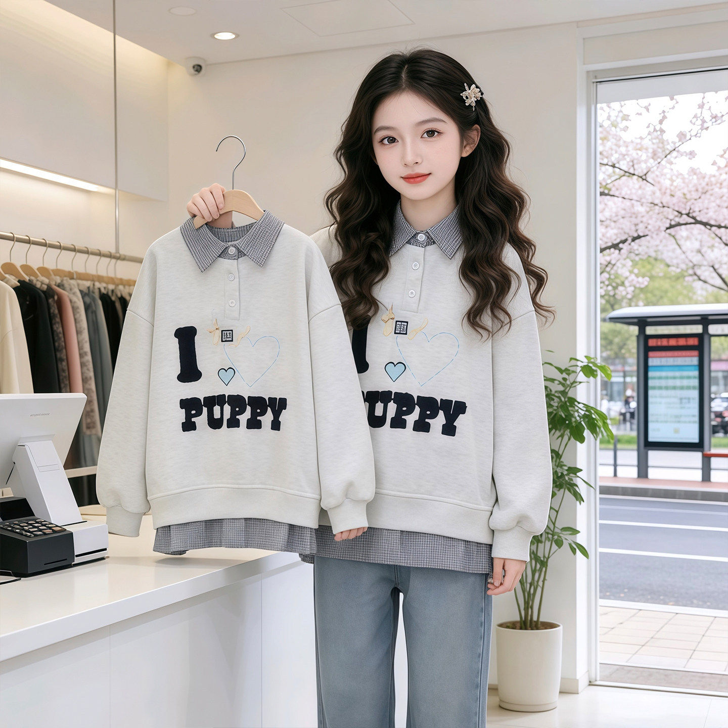 女童格子翻领卫衣春秋新款儿童长袖上衣初中生女孩大童假两件衣服