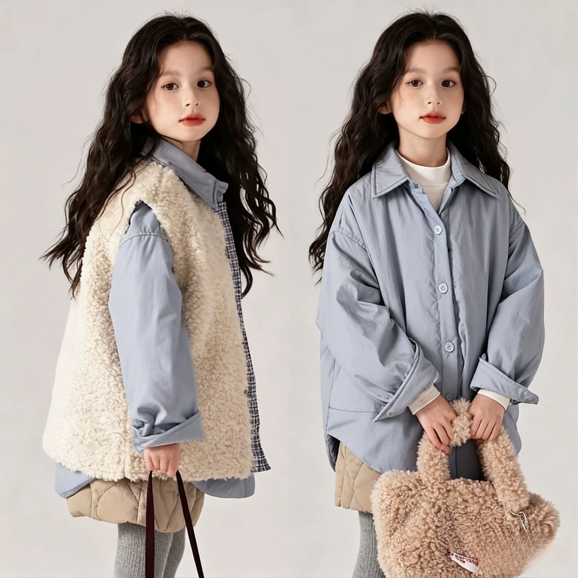 甜美韩版套装2026冬季新款纯色夹棉衬衫毛毛马甲套装中大童保暖潮