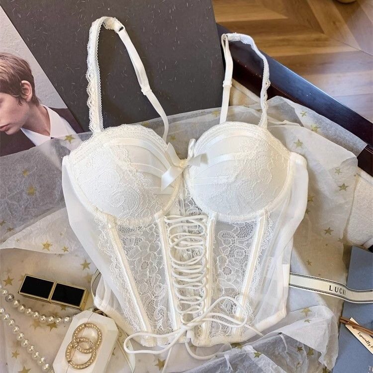 纯欲风蕾丝花边鱼骨吊带女辣妹性感胸垫一体胸衣束腰美背无袖上衣