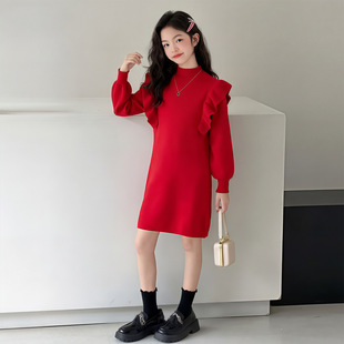 女童红色针织毛衣连衣裙中长款秋冬2025新款儿童加厚大童新年衣服
