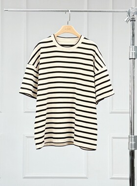 沃伦海龙 | Kristen 男女同款重磅棉质黑米白条纹宽松圆领短袖T恤