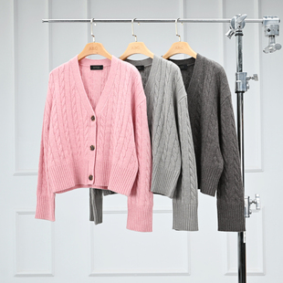 沃伦海龙 | Monet 时髦气质V领休闲上衣女士羊毛羊绒绞花针织开衫