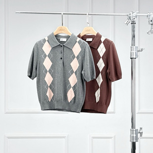 沃伦海龙 | KW055 早春个性气质polo领套头上衣 菱纹格短袖针织衫